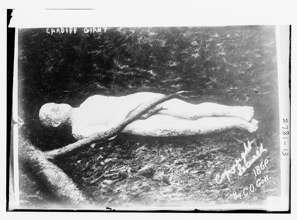 La figure de pierre du géant de Cardiff, longue de trois mètres, exposée allongée